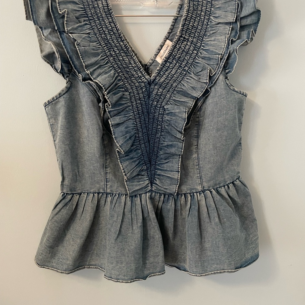 Cottagecore Calligraphie Denim Ruffle V-Neck Top